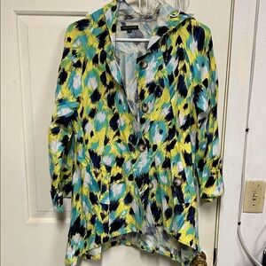 For Cynthia Abstract Watercolor Blouse - Teal Navy Yellow